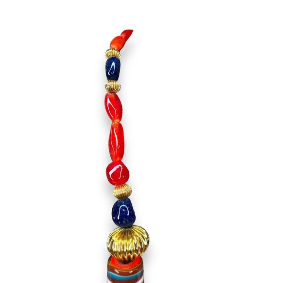 Vintage Tribal-Inspired Red, Blue & Gold Statement Necklace 27" Unsigned - Picture 8 of 13